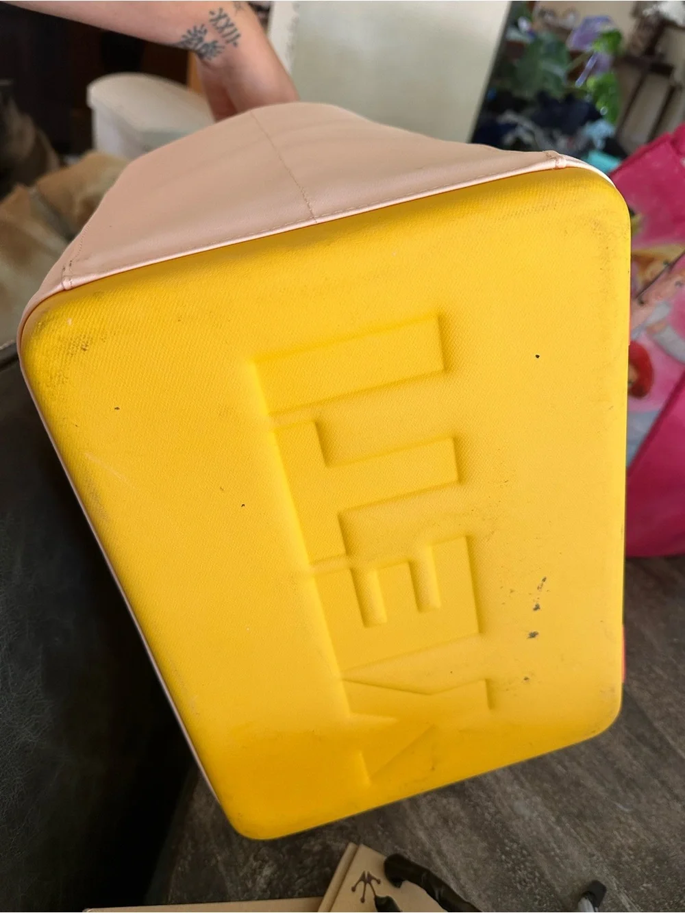 Yeti Pale Pink Backpack with Orange Straps and Yellow Zipper